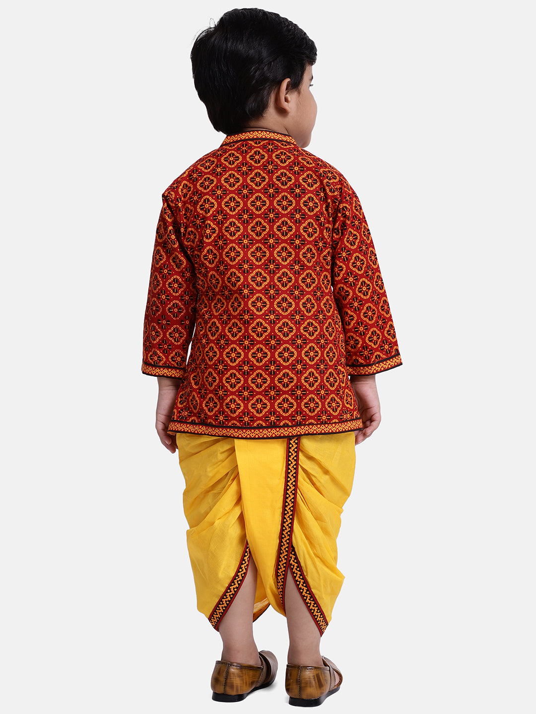 BownBee Full Sleeves All Over Printed Kurta With Dhoti - Red & Yellow