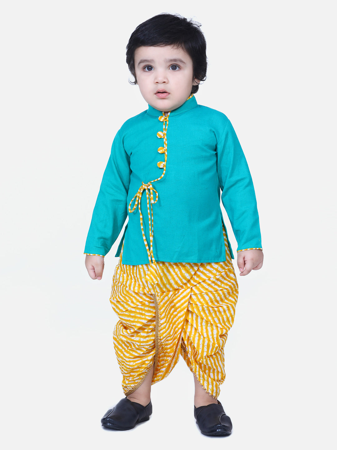 BownBee Full Sleeves Solid Color Kurta With Leheriya Dhoti -Green