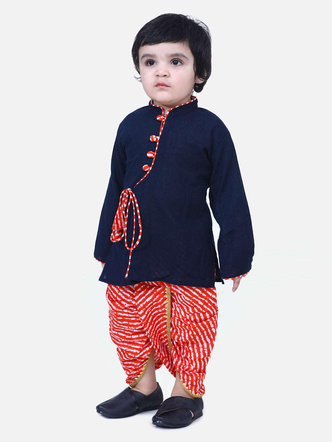 BownBee Full Sleeves Solid Color Kurta With Leheriya Dhoti -Navy Blue