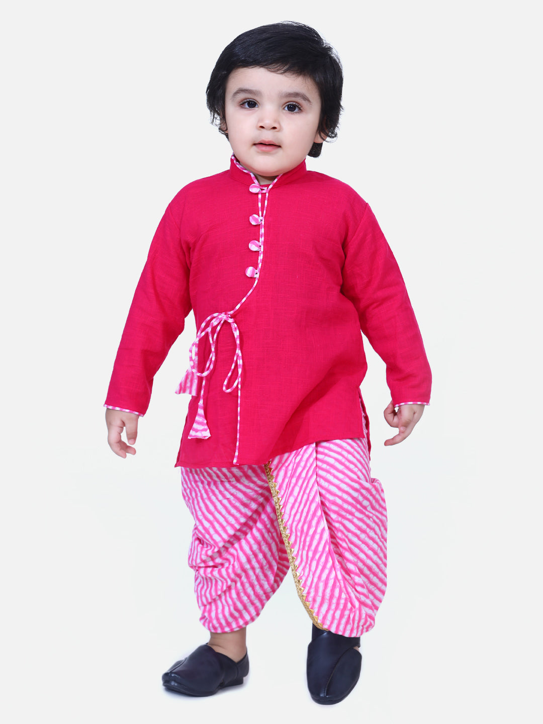 BownBee Full Sleeves Solid Color Kurta With Leheriya Dhoti -Pink