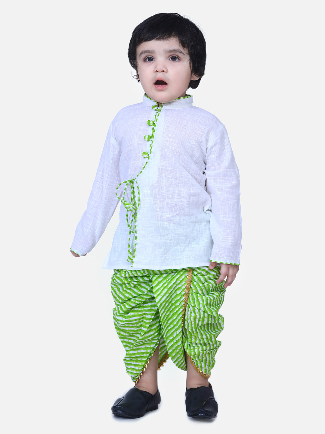 BownBee Full Sleeves Solid Color Kurta With Leheriya Dhoti -White