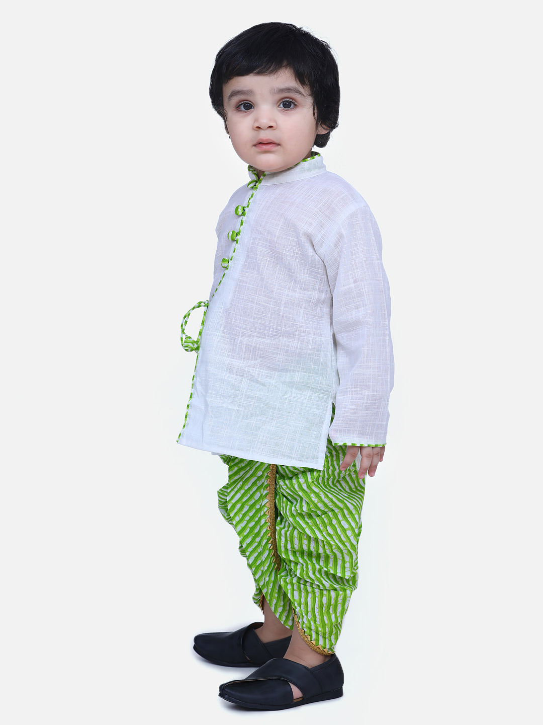 BownBee Full Sleeves Solid Color Kurta With Leheriya Dhoti -White