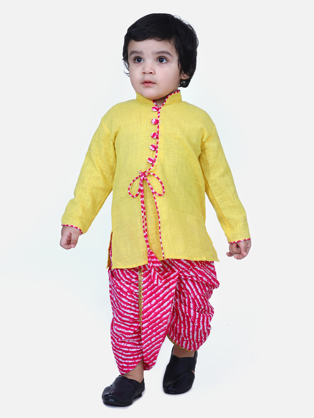BownBee Full Sleeves Solid Color Kurta With Leheriya Dhoti -Yellow