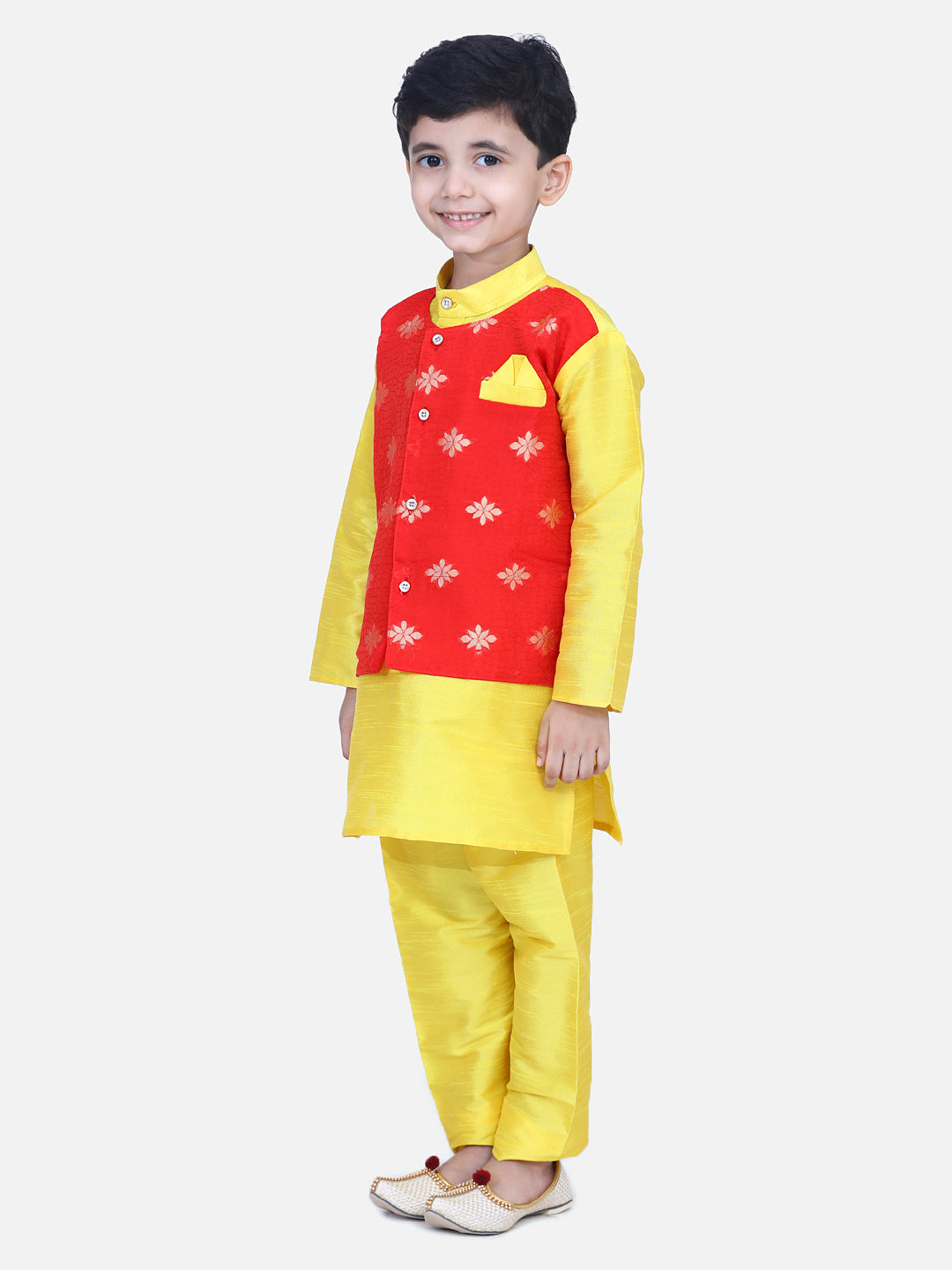 BownBee Full Sleeves Flower Design Attached Jacket Kurta With Pyjama - Yellow