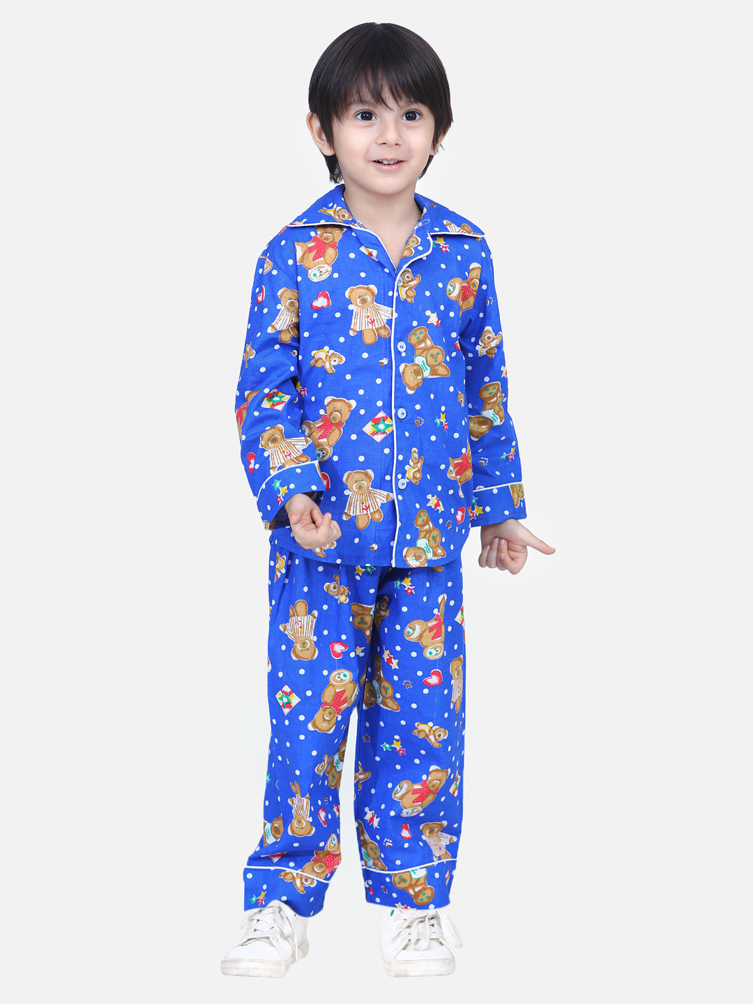 BownBee Full Sleeves Teddy Printed Night Suit - Blue
