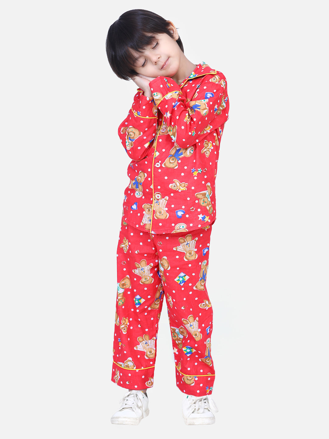 BownBee Full Sleeve Printed Night Suit- Red