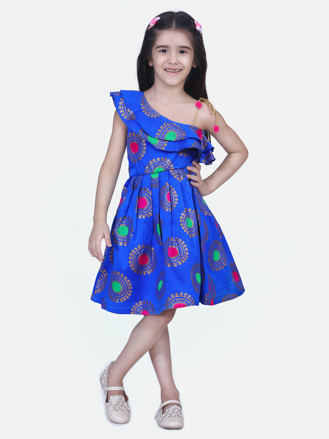 BownBee One Shoulder Big Dots Print Sleeveless Dress - Blue