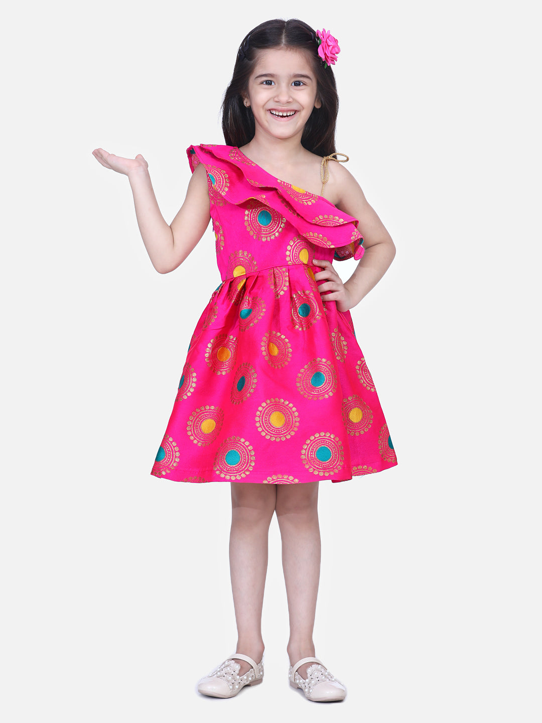 BownBee One Shoulder Big Dots Print Sleeveless Dress - Pink