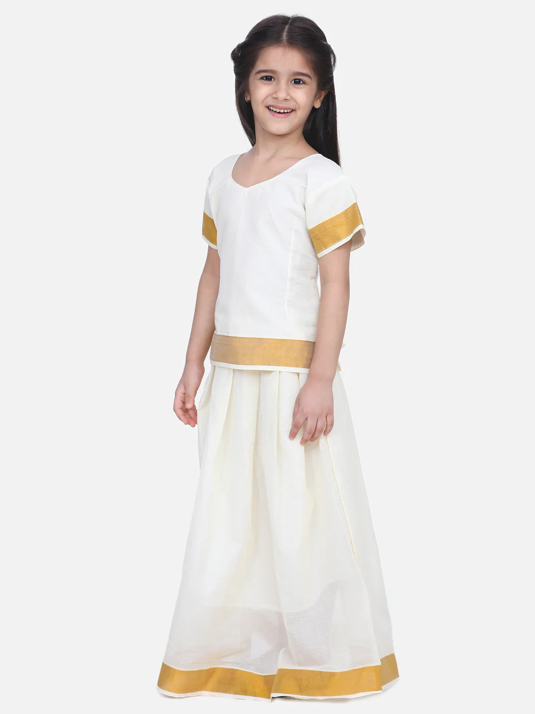 BownBee Short Sleeves Motif Print Pavda Pattu Lehenga With Choli