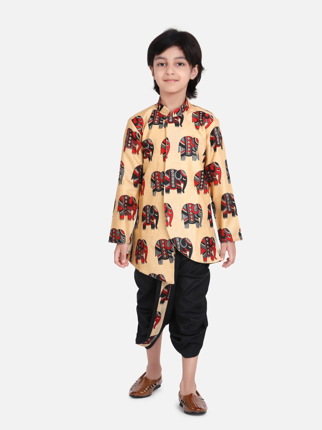 BownBee Boys Hathi Print Full Sleeve Sherwani Dhoti - Black