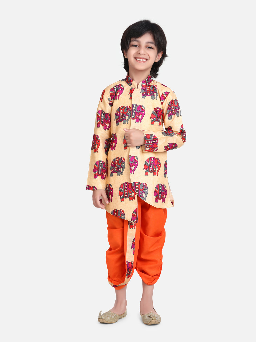 BownBee Boys Hathi Print Full Sleeve Sherwani Dhoti - Orange