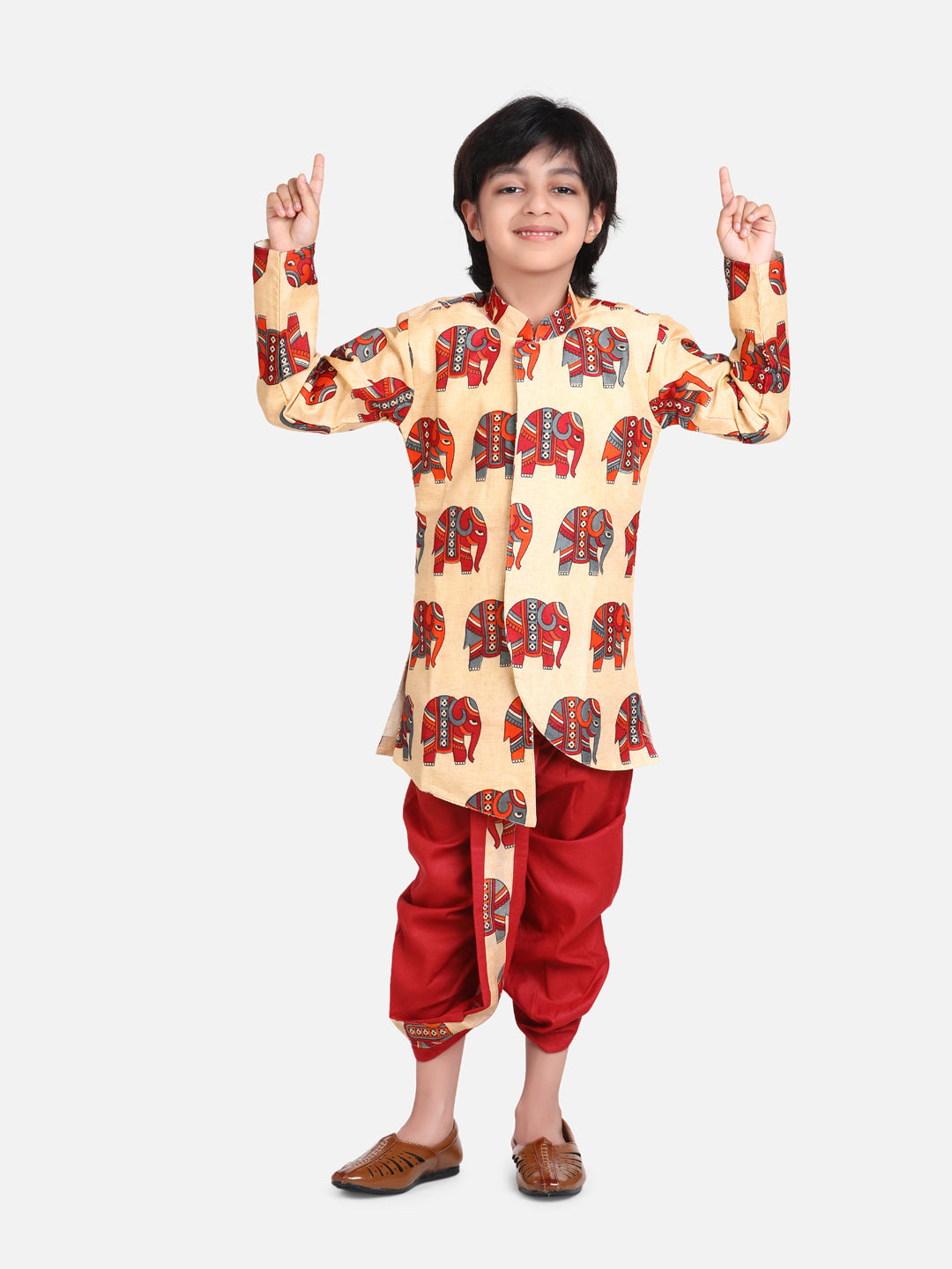 BownBee Boys Hathi Print Full Sleeve Sherwani Dhoti - Red