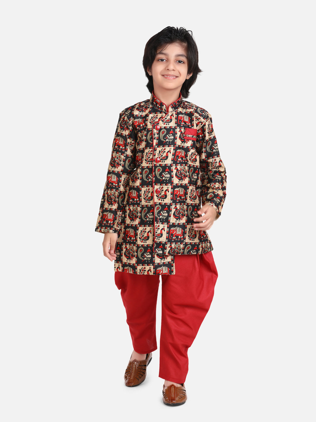 BownBee Boys Mor Print Full Sleeve Sherwani Dhoti - Maroon