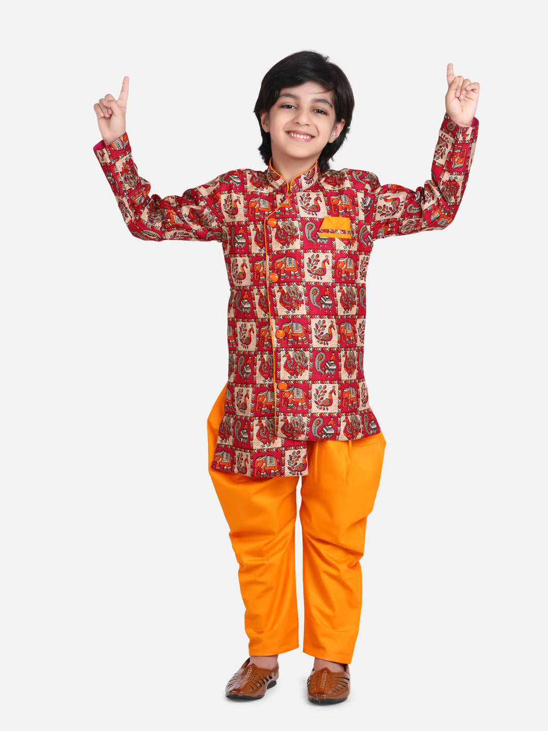 BownBee Boys Mor Print Full Sleeve Sherwani Dhoti - Orange