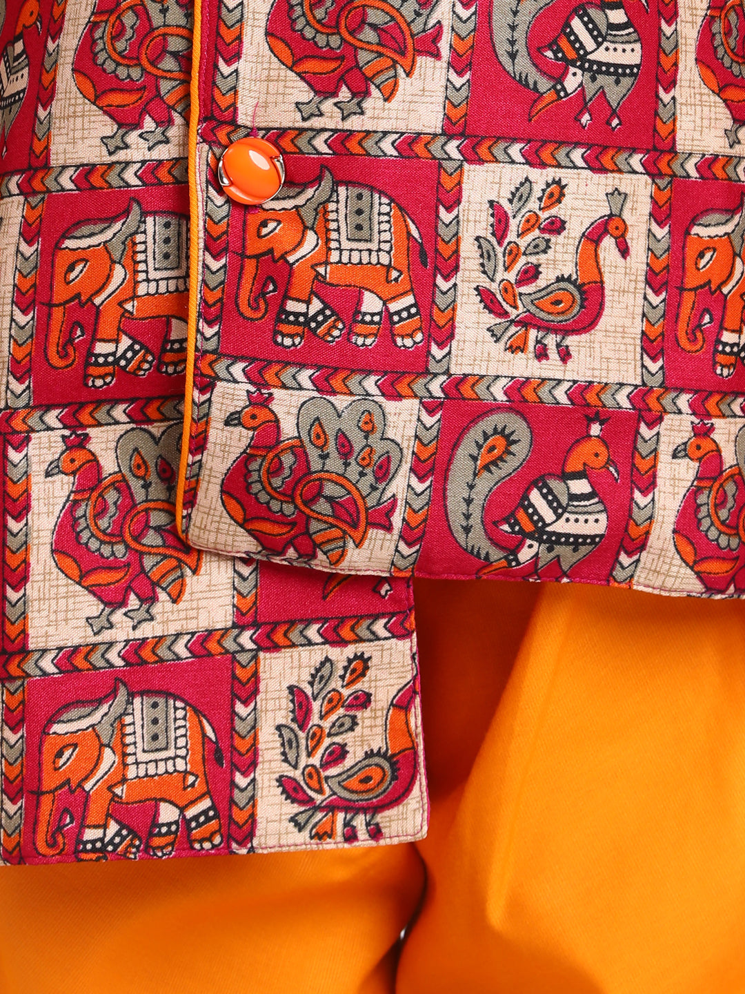 BownBee Boys Mor Print Full Sleeve Sherwani Dhoti - Orange