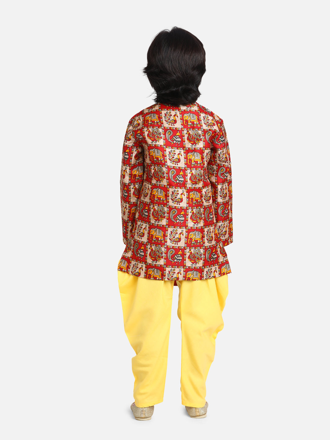 BownBee Boys Mor Print Full Sleeve Sherwani Dhoti - Yellow