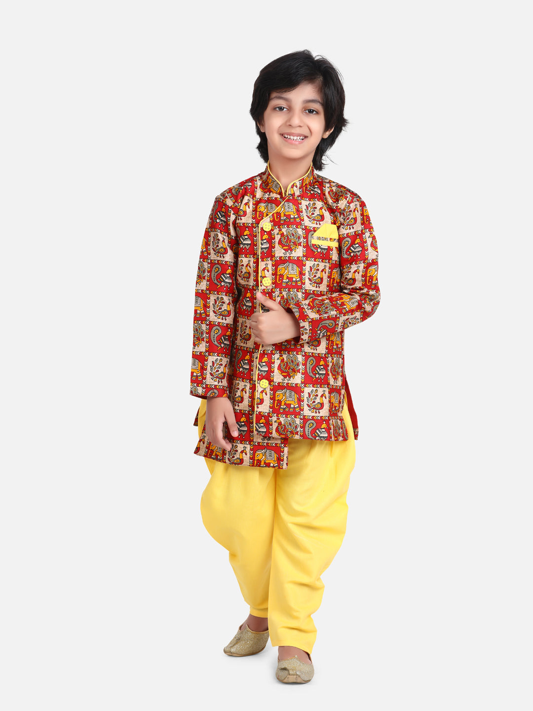 BownBee Boys Mor Print Full Sleeve Sherwani Dhoti - Yellow