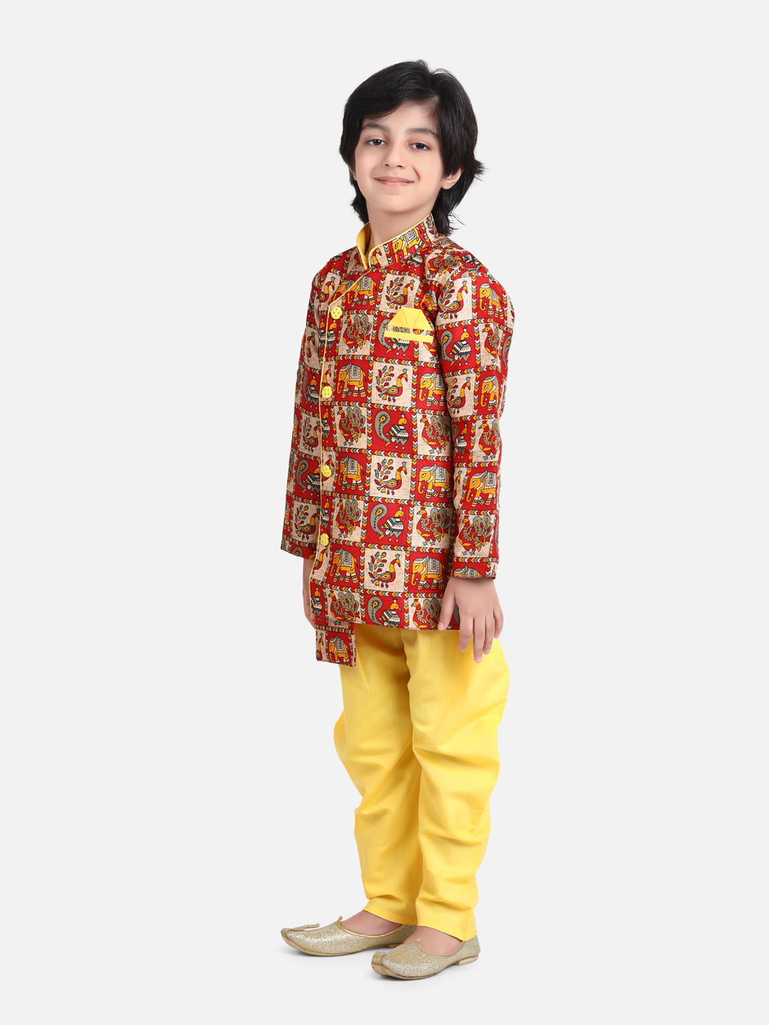 BownBee Boys Mor Print Full Sleeve Sherwani Dhoti - Yellow