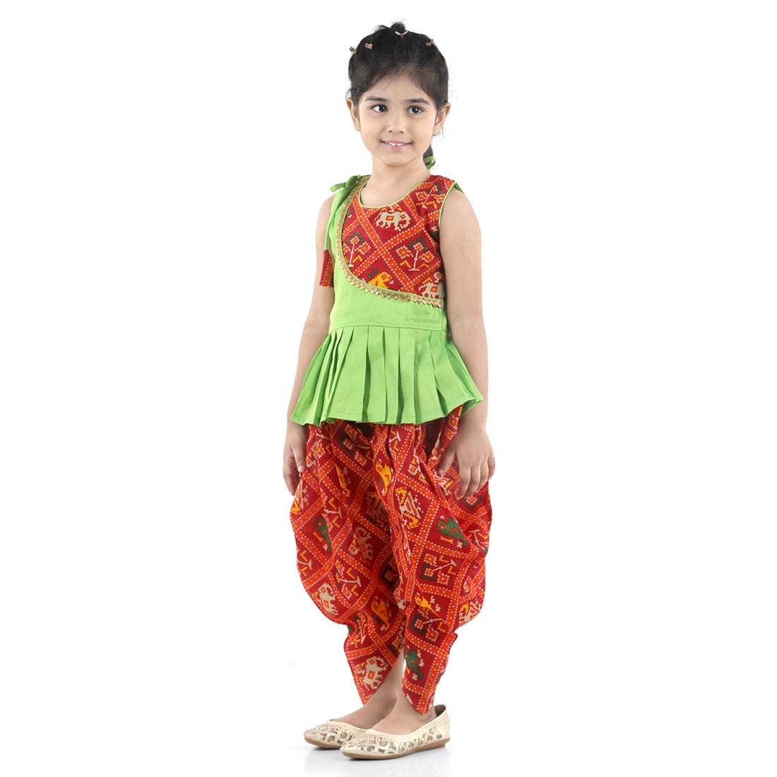 BownBee Sleeveless Ethnic Design Detail Long Peplum Top With Printed Dhoti