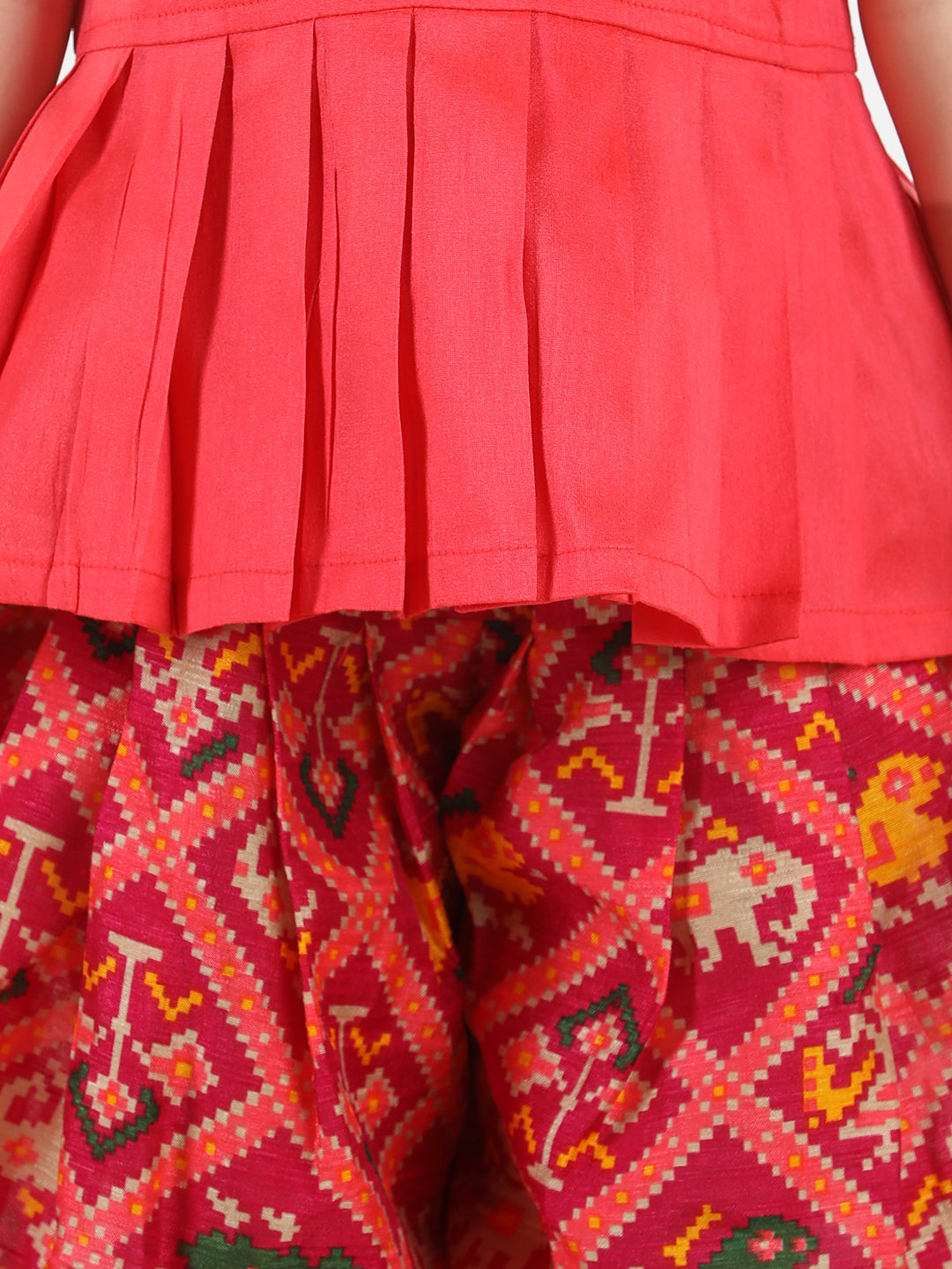 BownBee Sibling set of Patan Patola Jacket Kurta Pajama and Patch Top and Dhoti-Pink