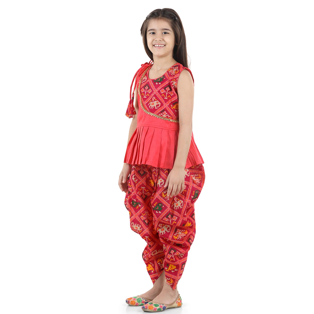 BownBee Sleeveless Ethnic Design Detail  Peplum Top With Printed Dhoti