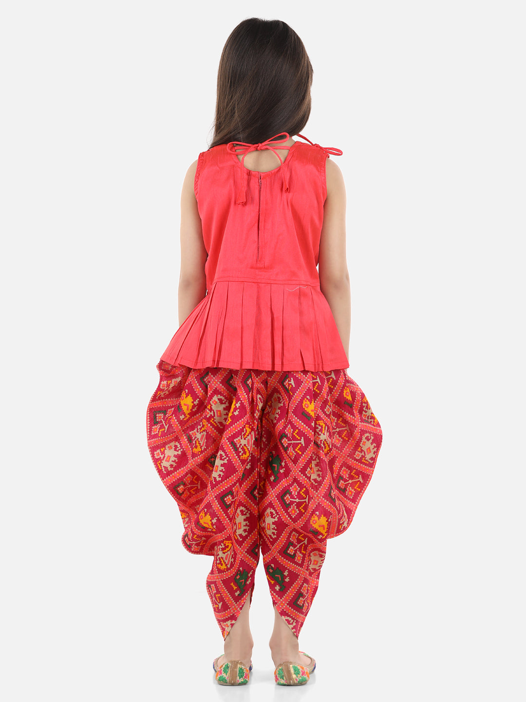 BownBee Sleeveless Ethnic Design Detail  Peplum Top With Printed Dhoti- Pink