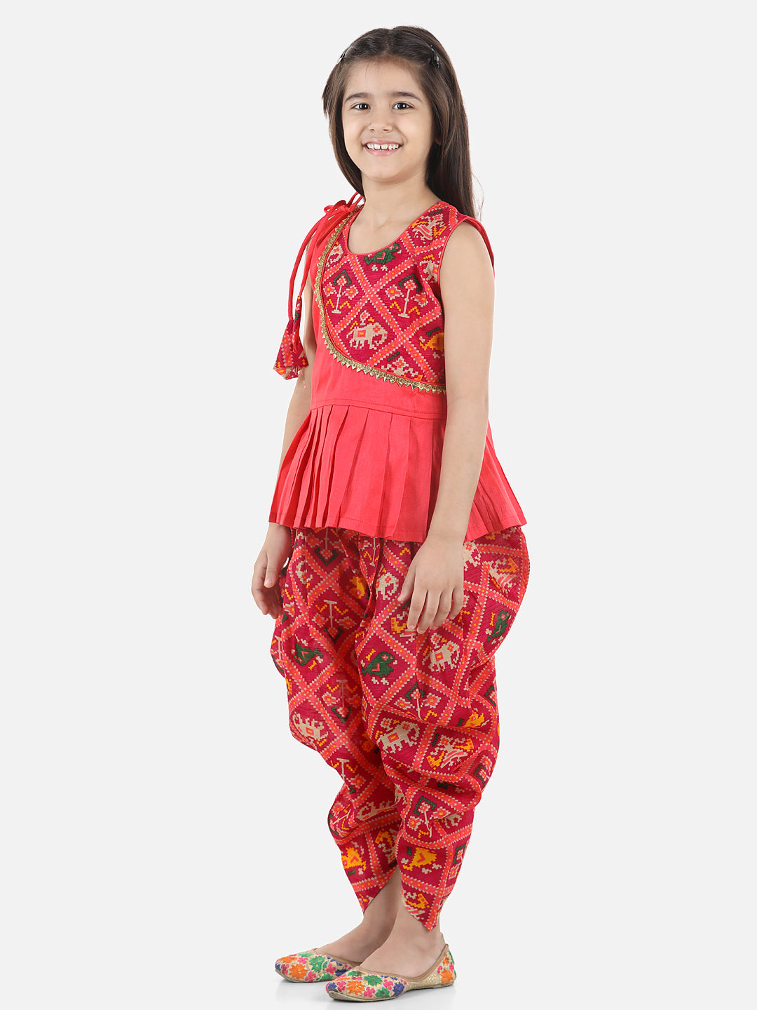 BownBee Sleeveless Ethnic Design Detail  Peplum Top With Printed Dhoti- Pink