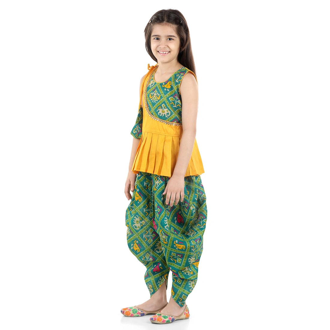 BownBee Sleeveless Ethnic Design Detail Long Peplum Top With Printed Dhoti