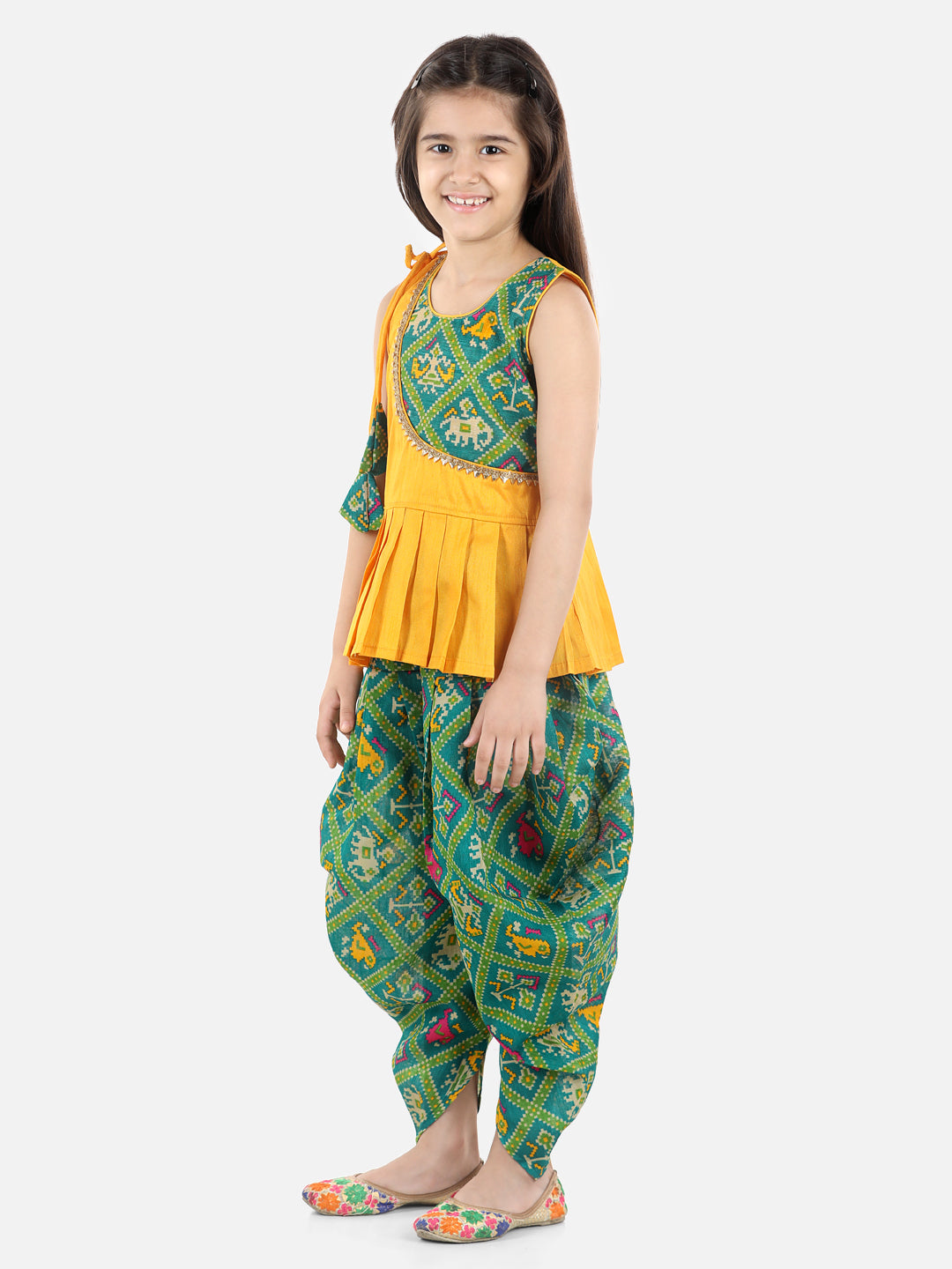 BownBee Sleeveless Ethnic Design Detail Long Peplum Top With Printed Dhoti -Yellow