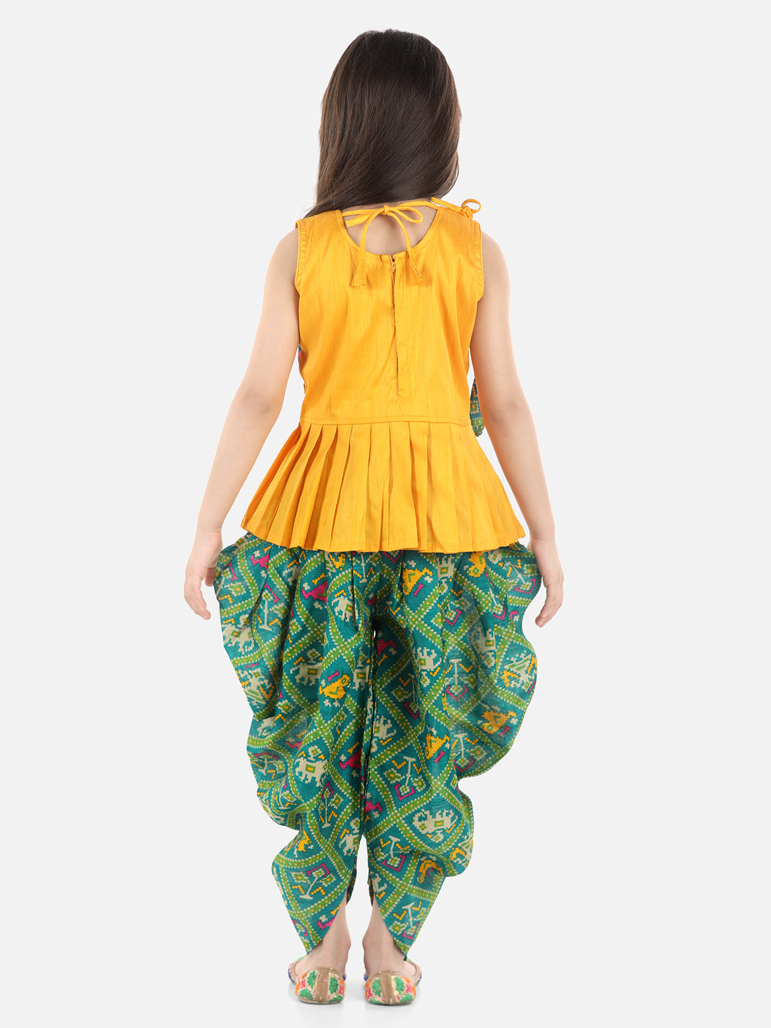 BownBee Sibling set of Patan Patola Jacket Kurta Pajama and Patch Top and Dhoti-Yellow