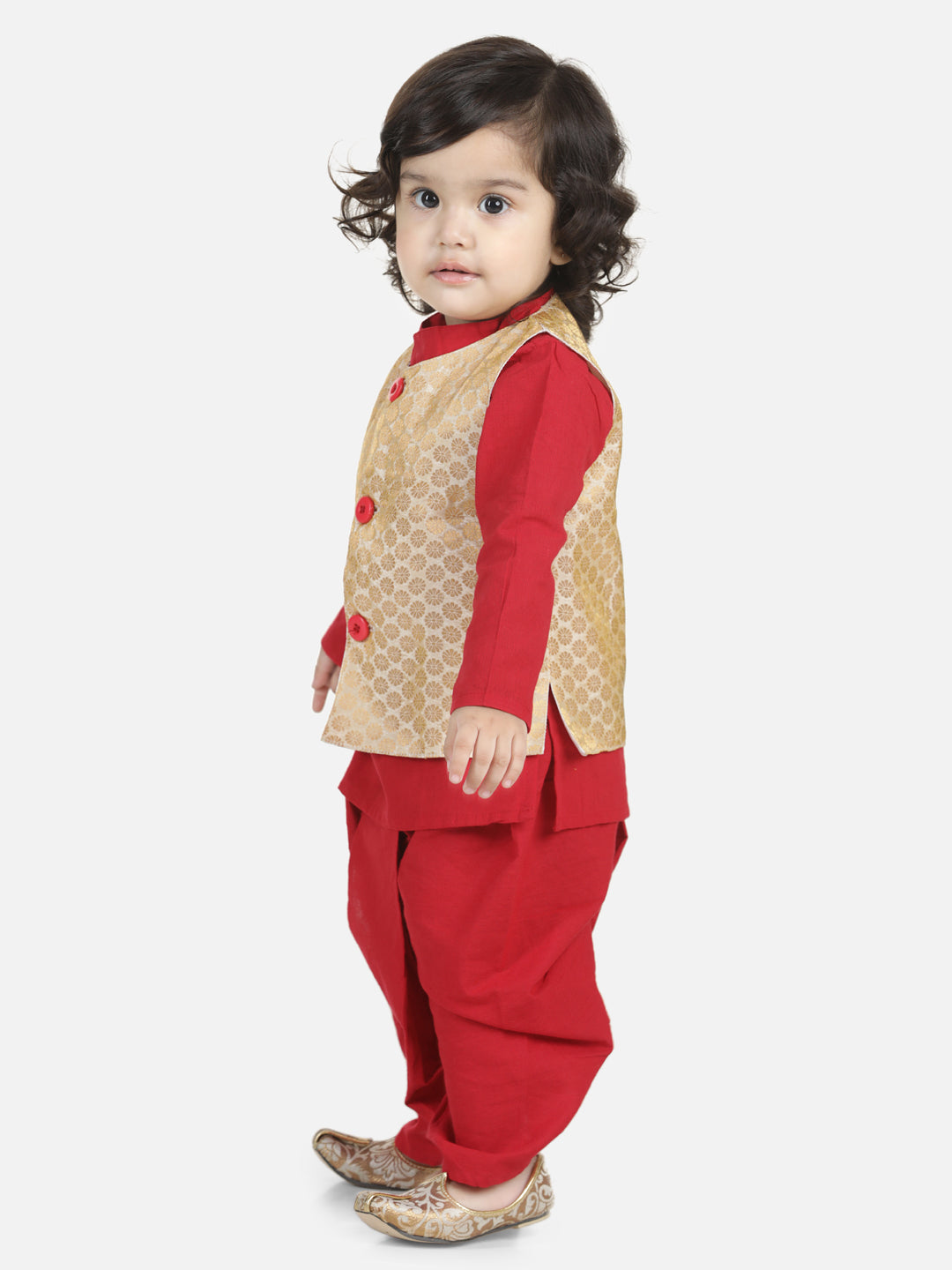 BownBee Sibling Cotton Kurta with Jacket and Front Open Cotton Top With Jacquard Lehenga-Red