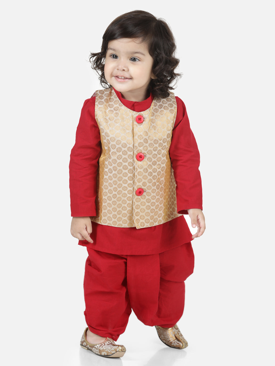 BownBee Sibling Cotton Kurta with Jacket and Front Open Cotton Top With Jacquard Lehenga-Red