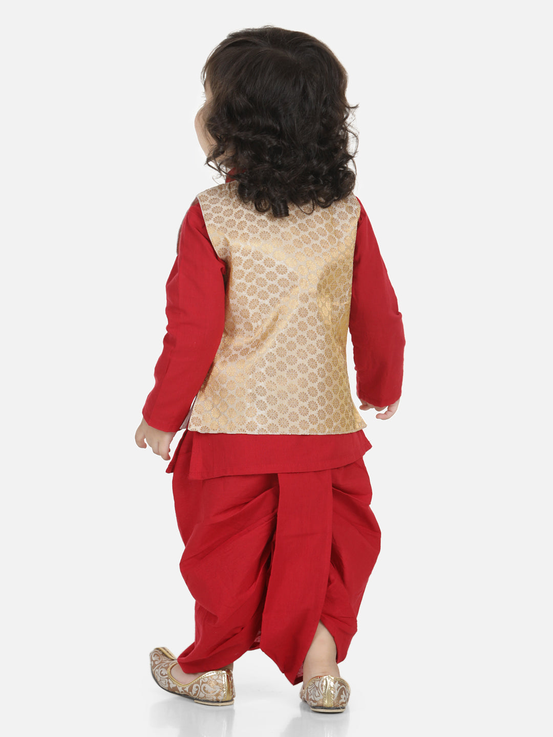 BownBee Sibling Cotton Kurta with Jacket and Front Open Cotton Top With Jacquard Lehenga-Red