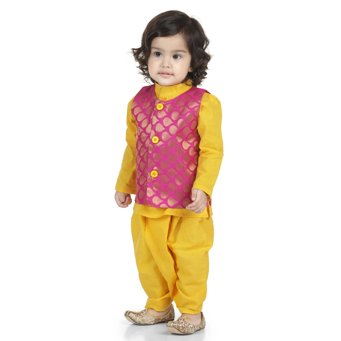 BownBee Full Sleeves Kurta With Dew Drops Brocade Jacket & Dhoti