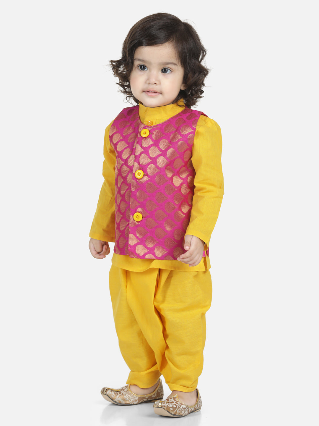 BownBee Sibling Cotton Kurta with Jacket and Front Open Cotton Top With Jacquard Lehenga-Yellow