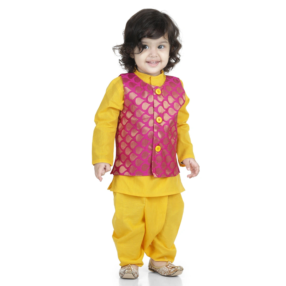 BownBee Full Sleeves Kurta With Dew Drops Brocade Jacket & Dhoti
