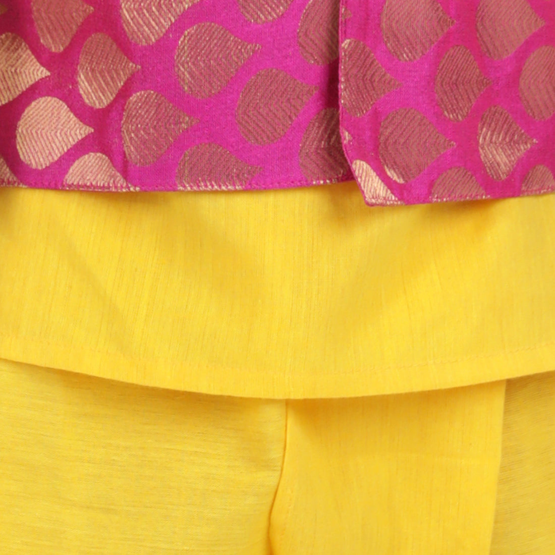 BownBee Sibling Set Cotton Dhoti Kurta with Jacket- Yellow with Front Open Cotton Top with Jacquard Lehenga for Girls- Yellow