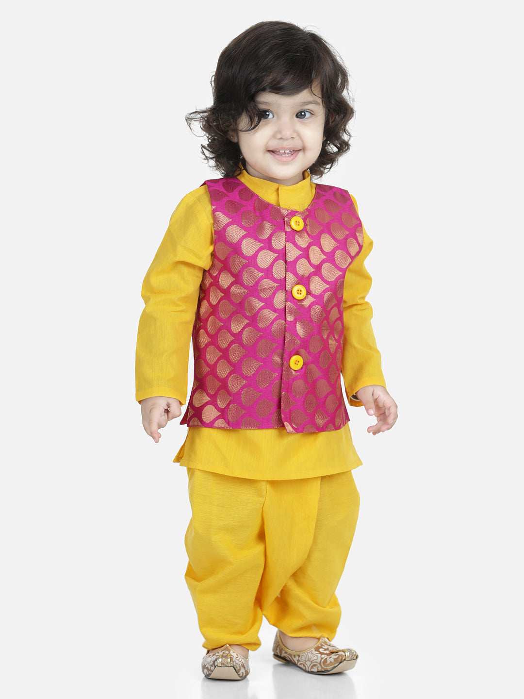 BownBee Sibling Cotton Kurta with Jacket and Front Open Cotton Top With Jacquard Lehenga-Yellow