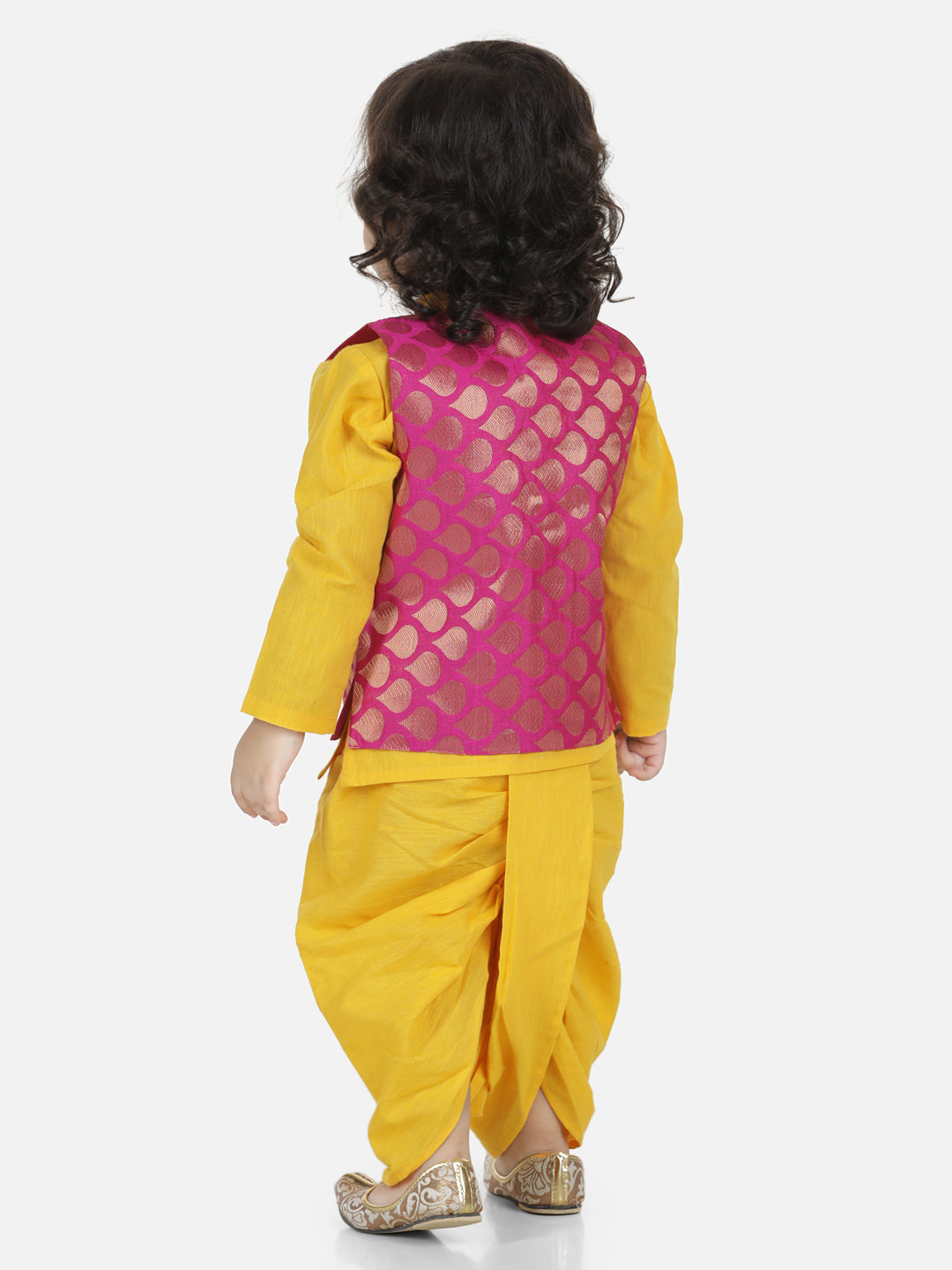 BownBee Sibling Cotton Kurta with Jacket and Front Open Cotton Top With Jacquard Lehenga-Yellow