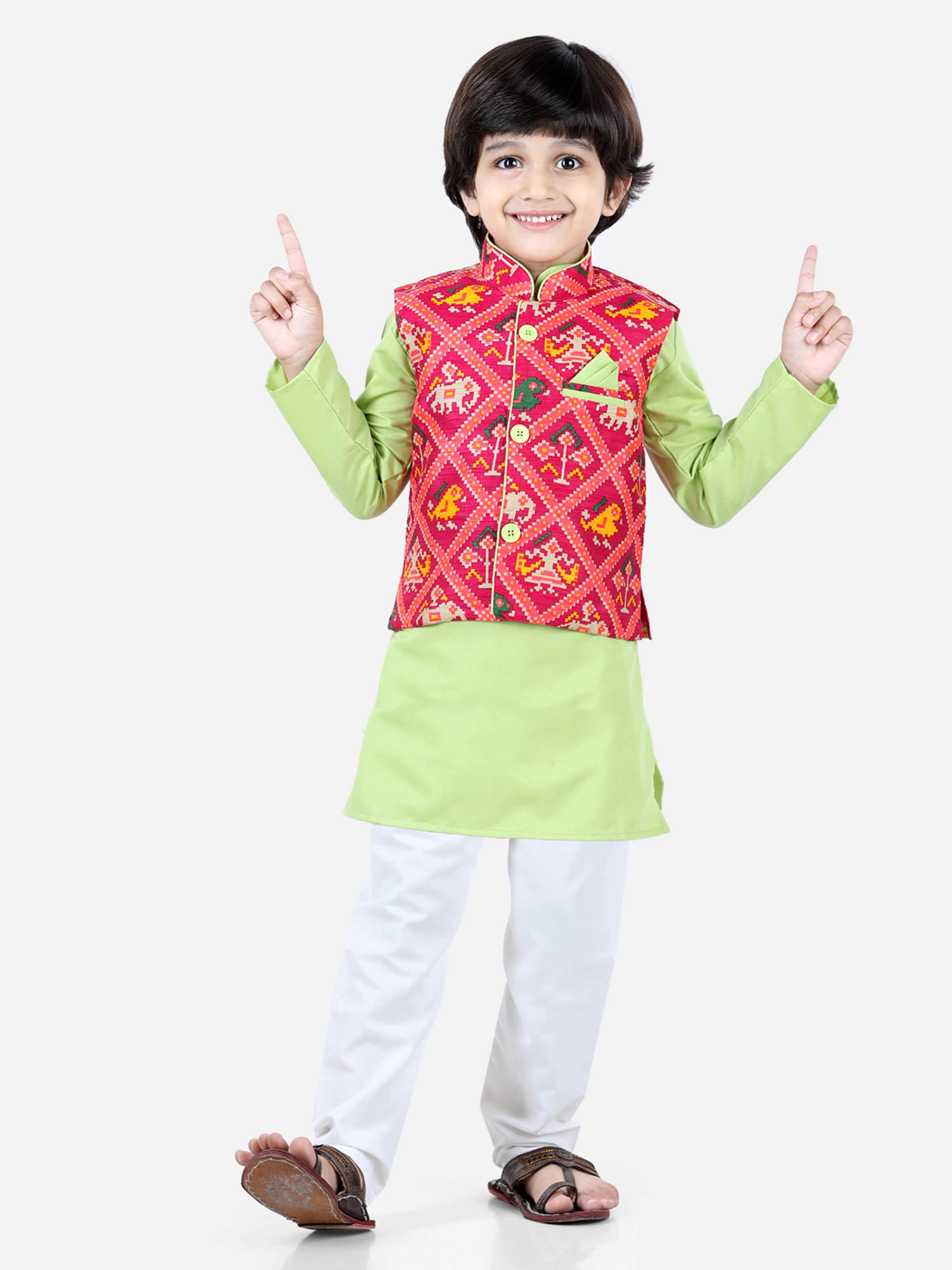 BownBee Sibling set of Patan Patola Jacket Kurta Pajama and Patch Top and Dhoti-Green