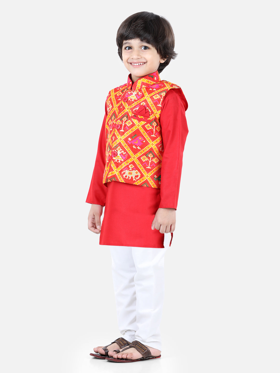 BownBee Patan Patola Jacket With Full Sleeves Kurta Pajama Sets Red