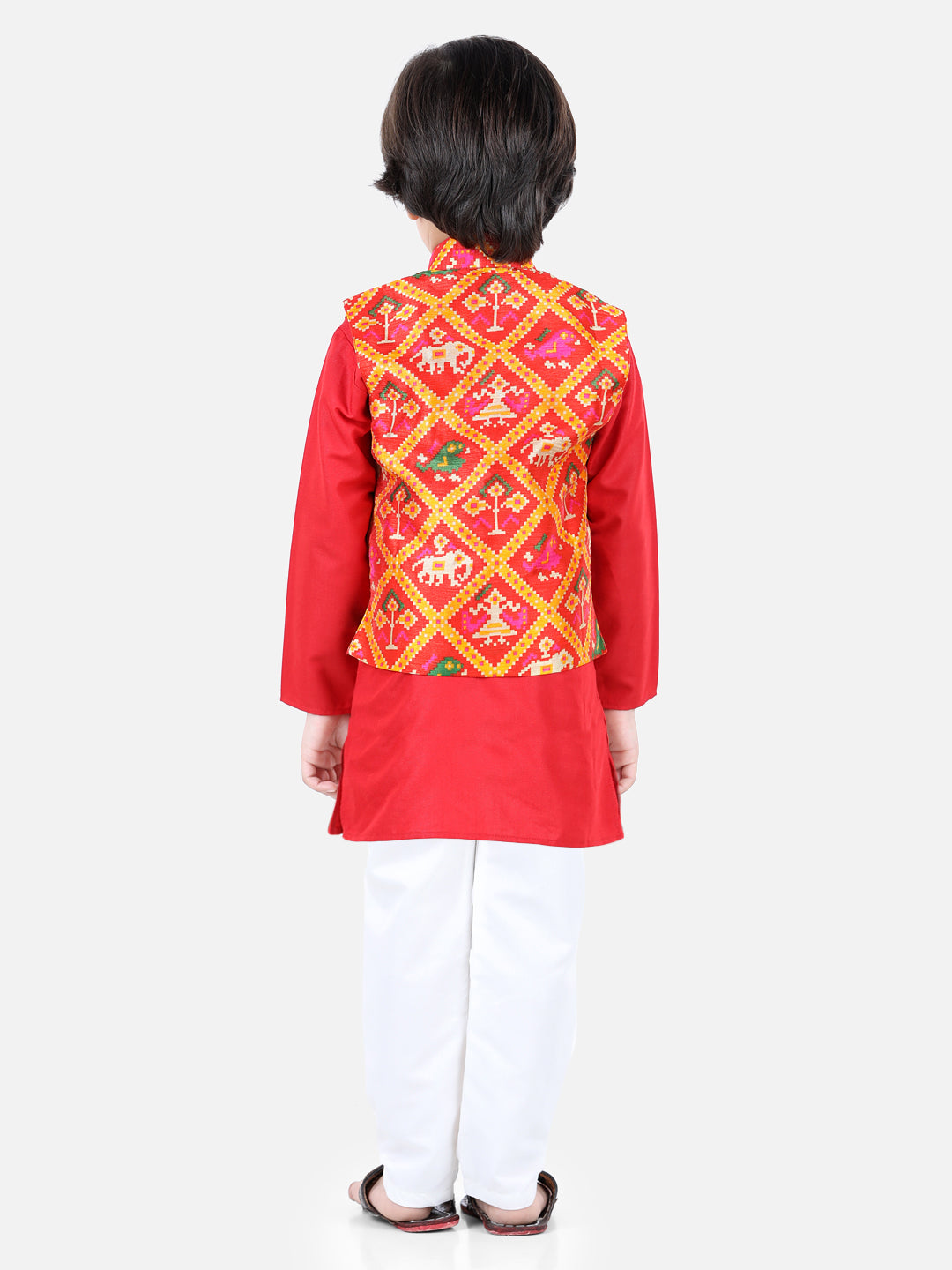 BownBee Patan Patola Jacket With Full Sleeves Kurta Pajama Sets Red