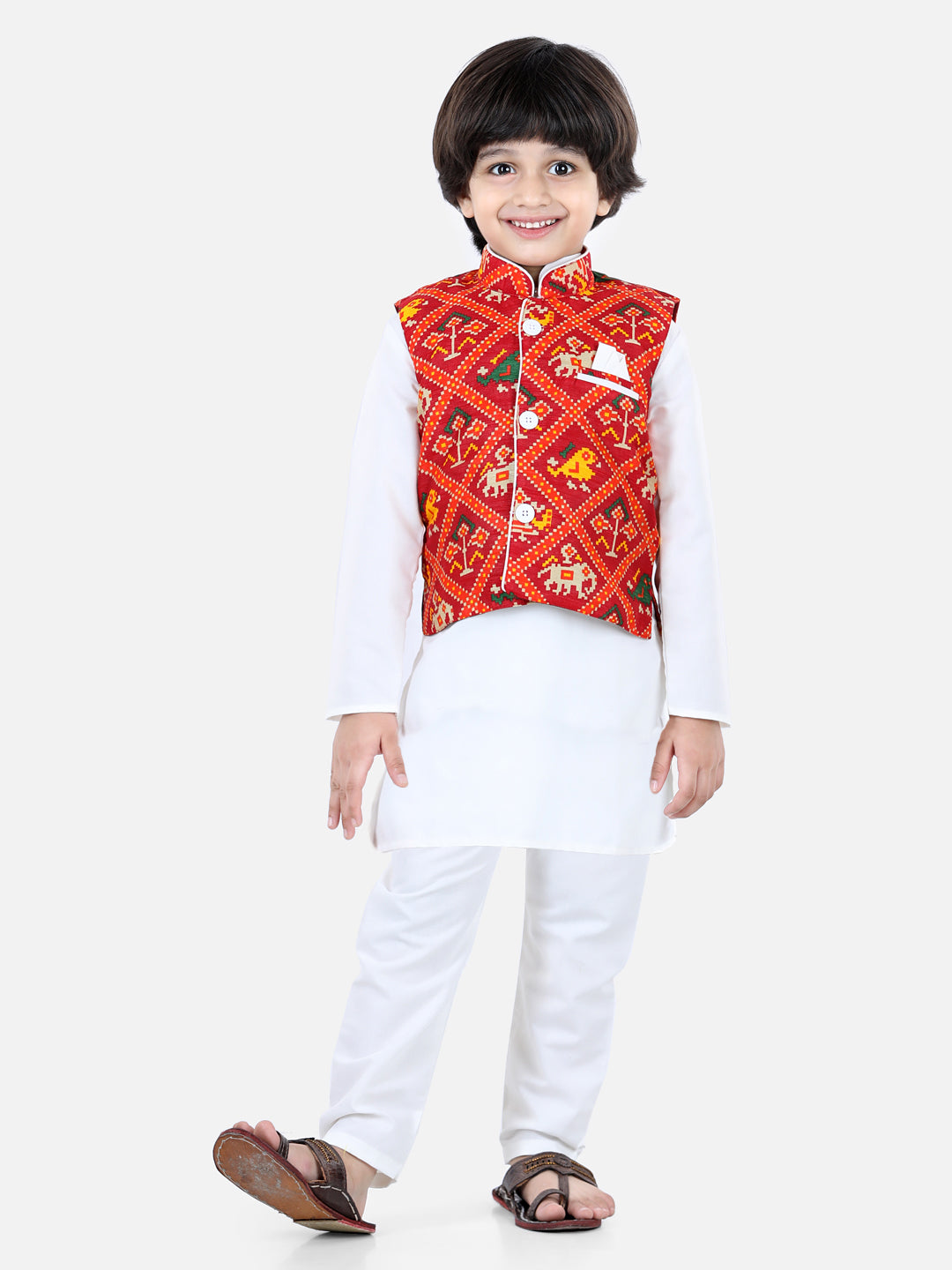 BownBee Patan Patola Jacket With Full Sleeves Kurta Pajama Sets White