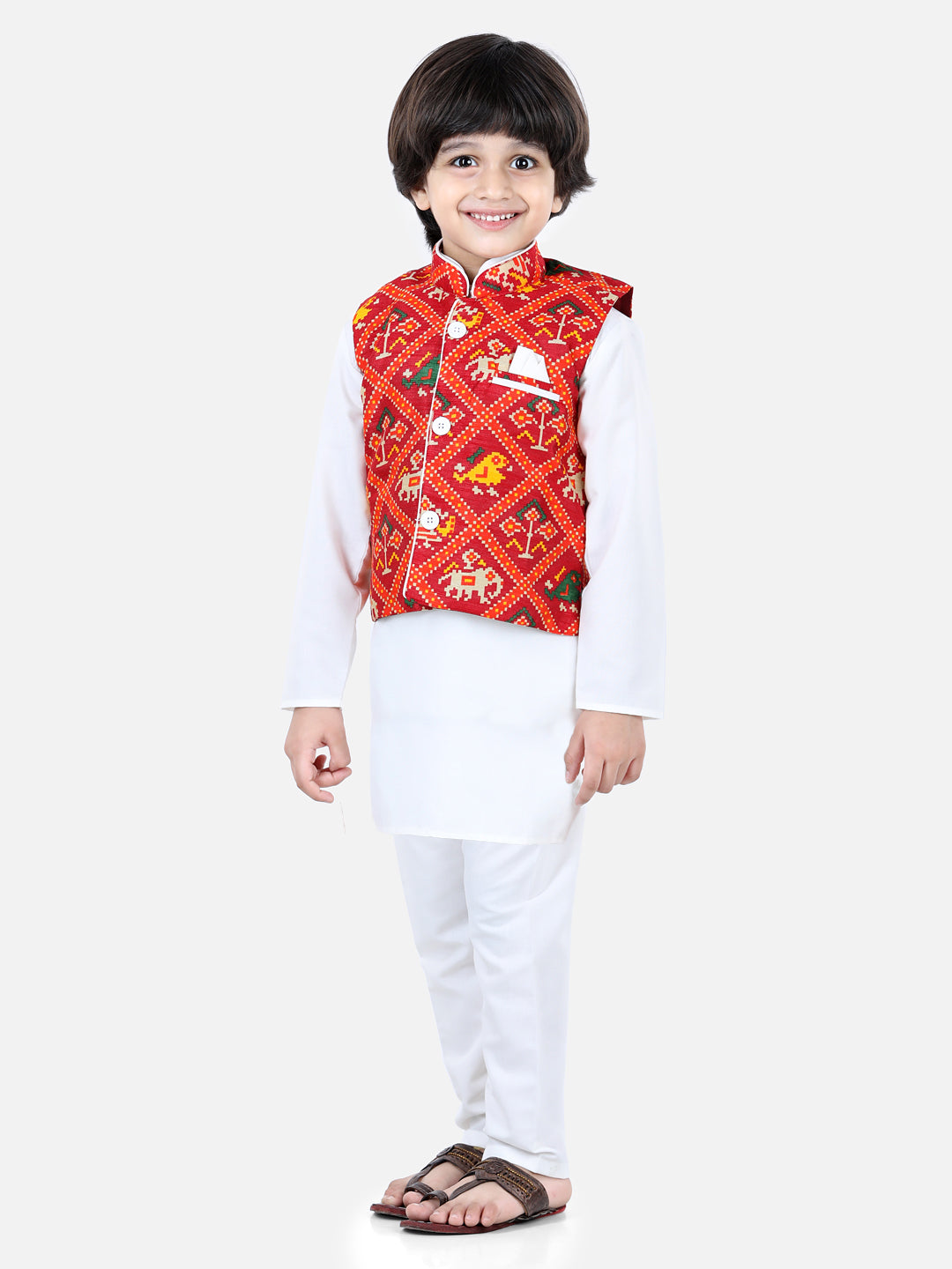 BownBee Patan Patola Jacket With Full Sleeves Kurta Pajama Sets White