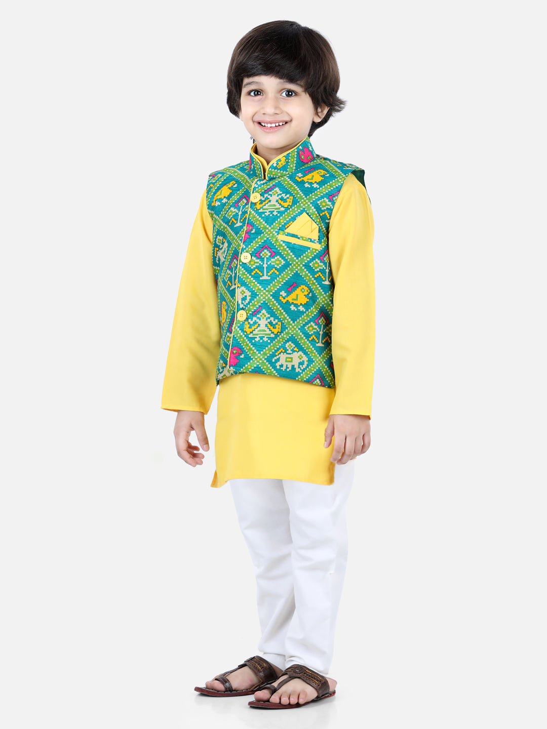 BownBee Patan Patola Jacket With Full Sleeves Kurta Pajama Sets - Yellow