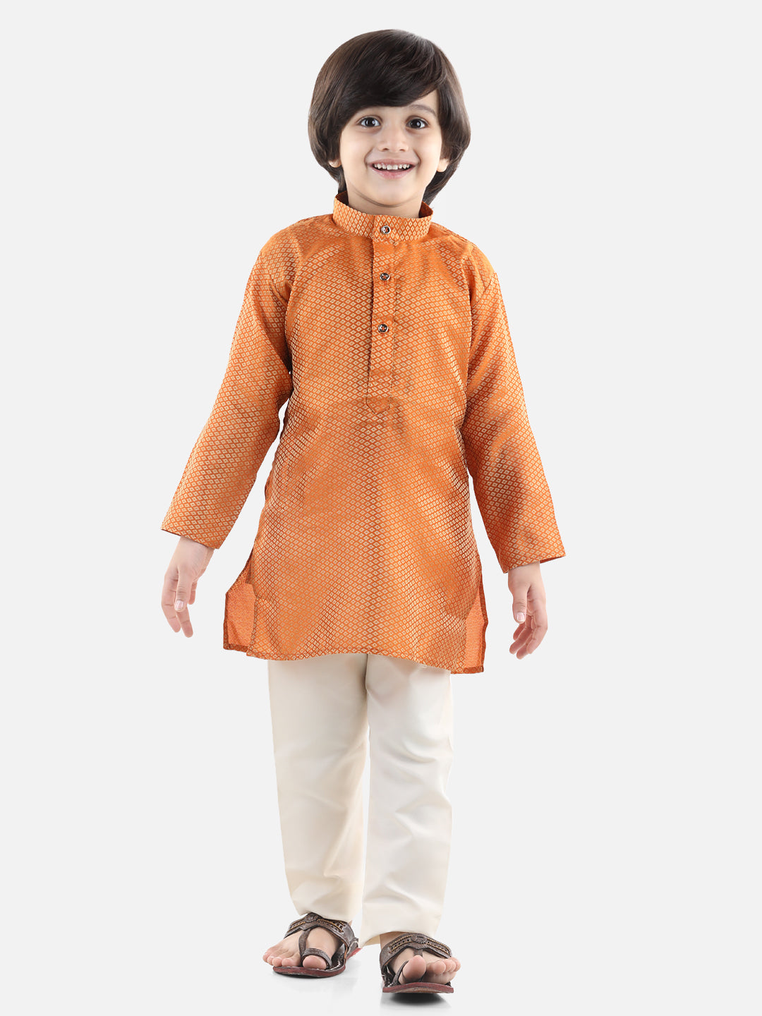 BownBee Full Sleeve Jacquard Kurta Pyjama- Orange