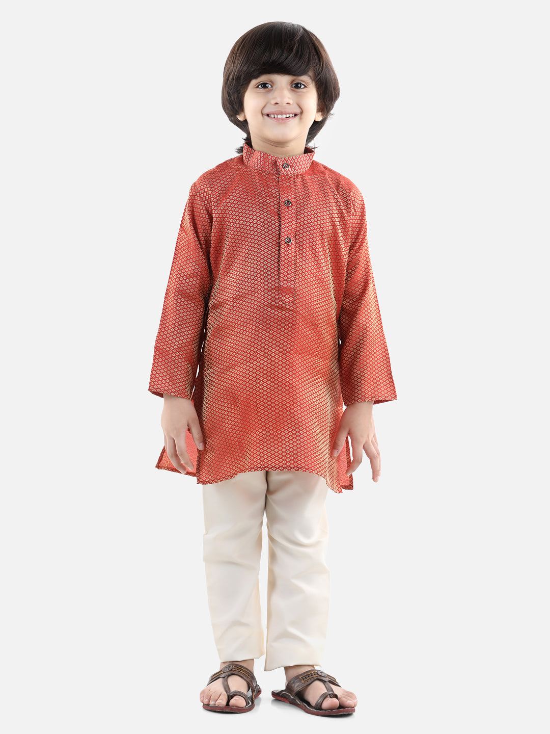 BownBee Boys Full Sleeve traditional Jacquard Kurta Pajama Set - Red
