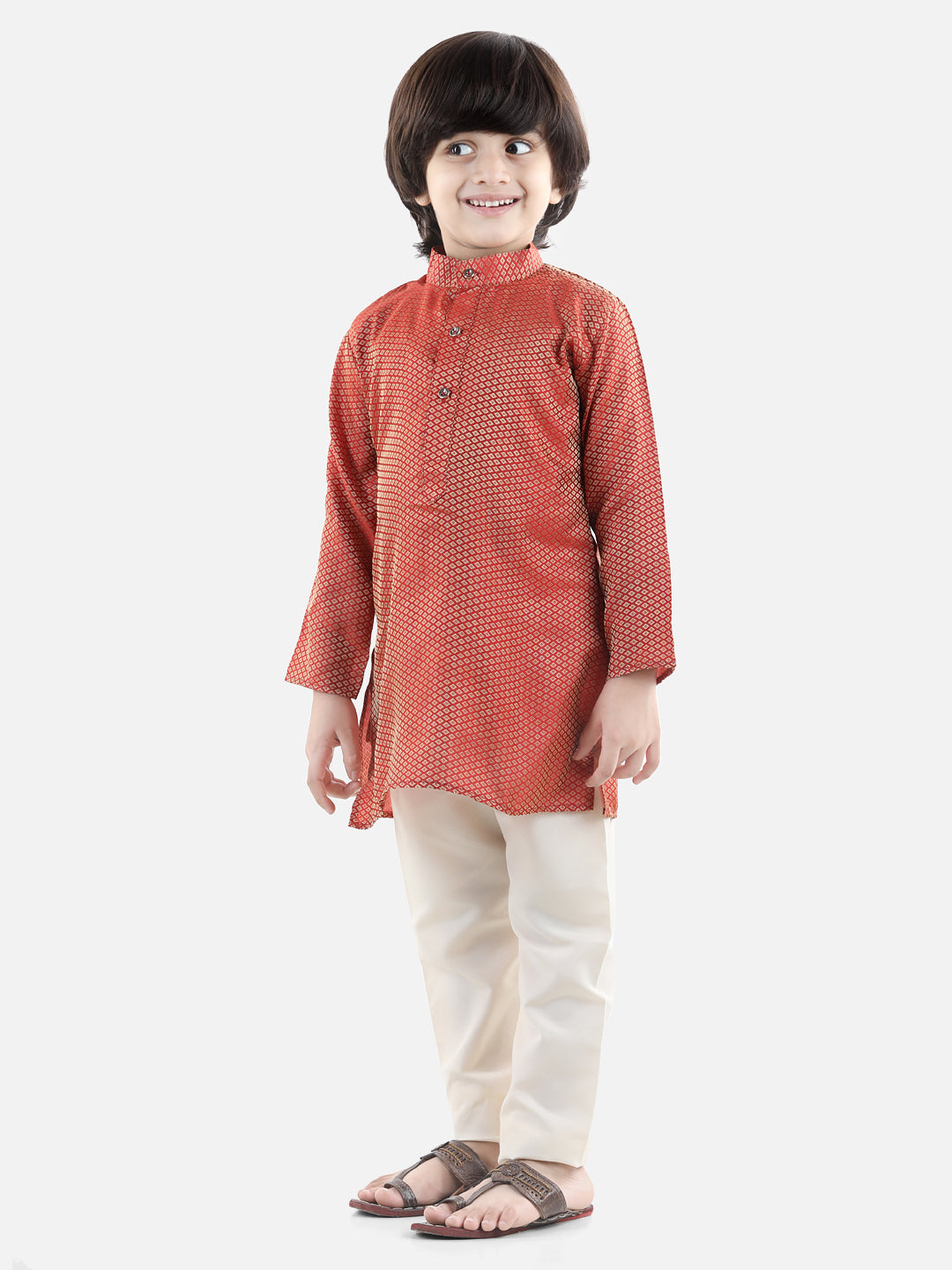 BownBee Boys Full Sleeve traditional Jacquard Kurta Pajama Set - Red