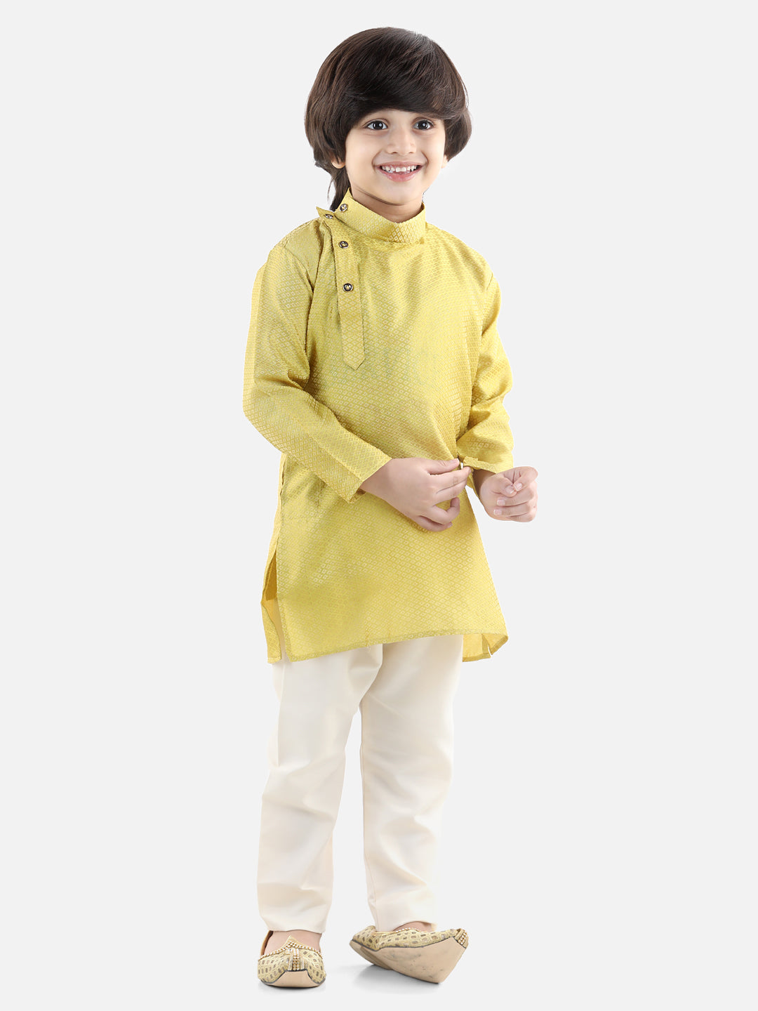 BownBee Full Sleeve Jacquard Kurta Pyjama- Yellow