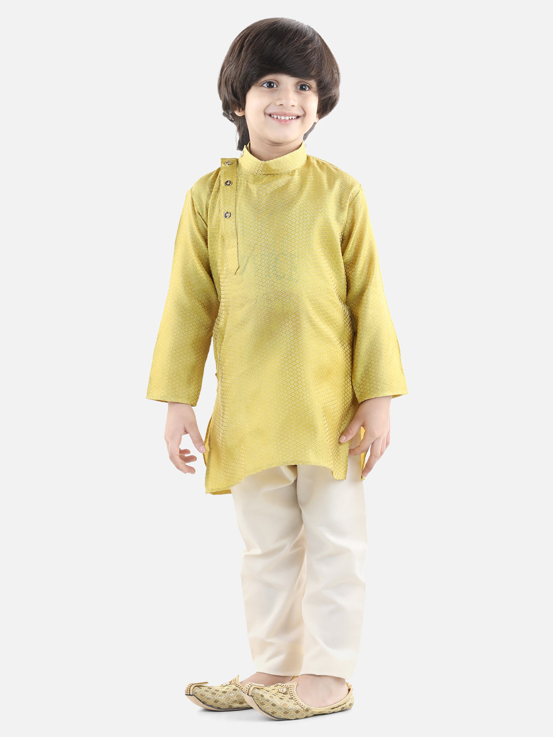 BownBee Full Sleeve Jacquard Kurta Pyjama- Yellow